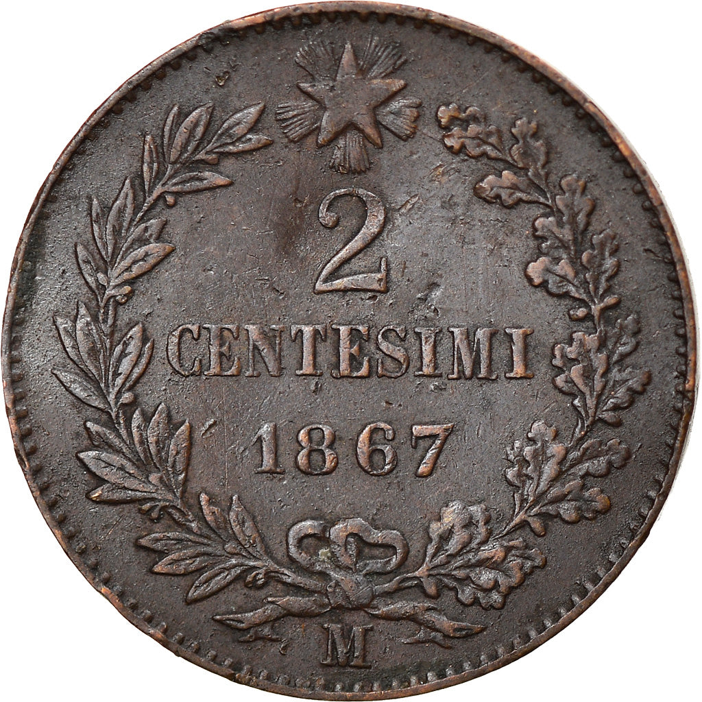 Moneta, Italia, Vittorio Emanuele II, 2 Centesimi, 1867, Milan, MB+, Rame
