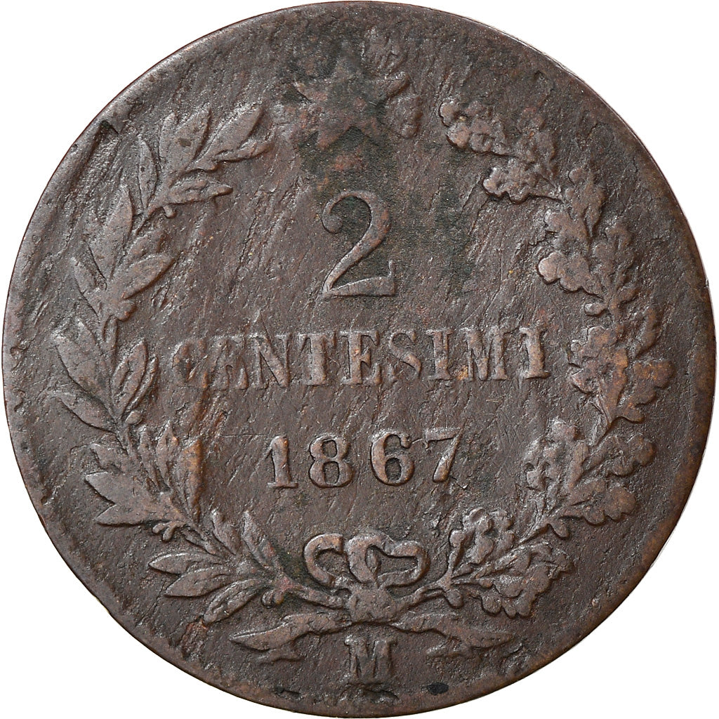 Moneta, Italia, Vittorio Emanuele II, 2 Centesimi, 1867, Milan, MB, Rame, KM:2.1