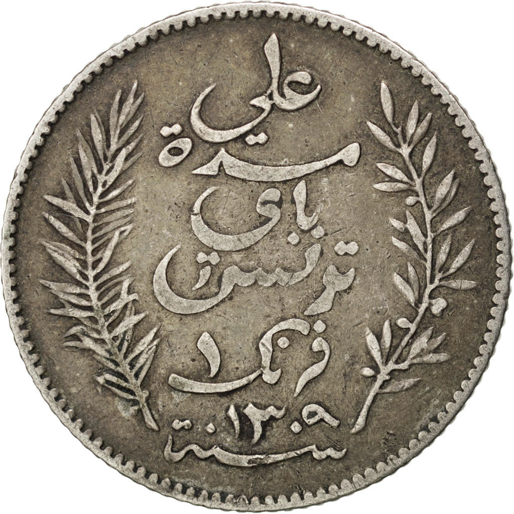 Tunisia, Ali Bey, Franc, 1892, Paris, MB+, Argento, KM:224, Lecompte:190