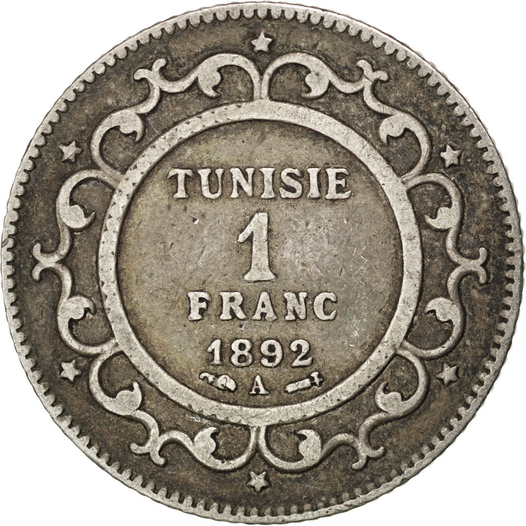 Tunisia, Ali Bey, Franc, 1892, Paris, MB+, Argento, KM:224, Lecompte:190