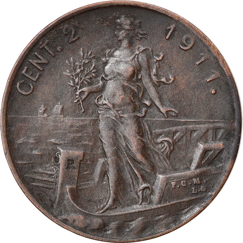 Moneta, Włochy, 2 Centesimi, 1911, Rome, date with point, AU(55-58), Miedź