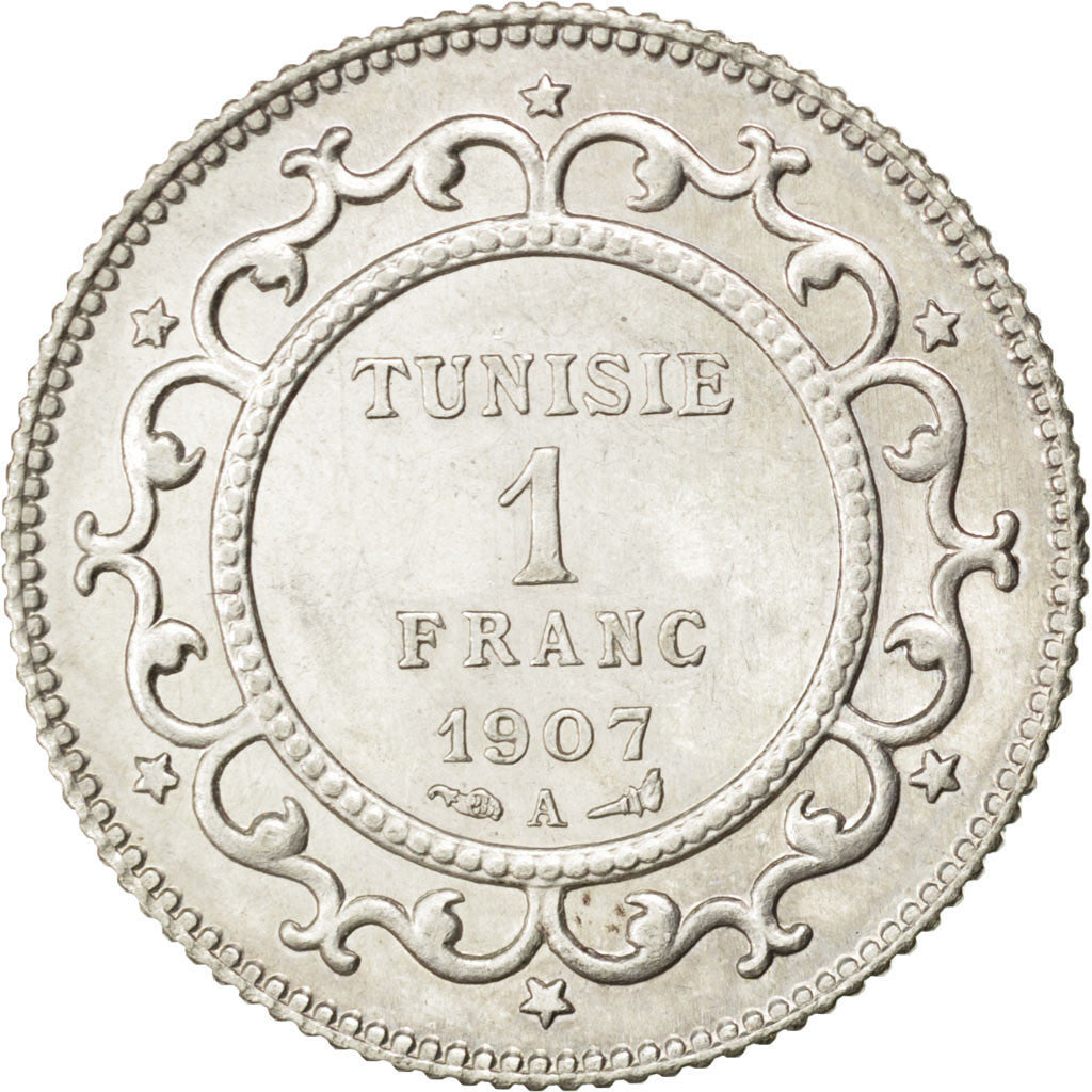 Coin, Tunisia, Muhammad al-Nasir Bey, Franc, 1907, Paris, AU(55-58), Silver