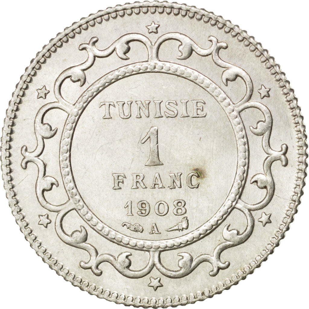Tunisia, Muhammad al-Nasir Bey, Franc, 1908, Paris, BB+, Argento, KM:238, Lec...