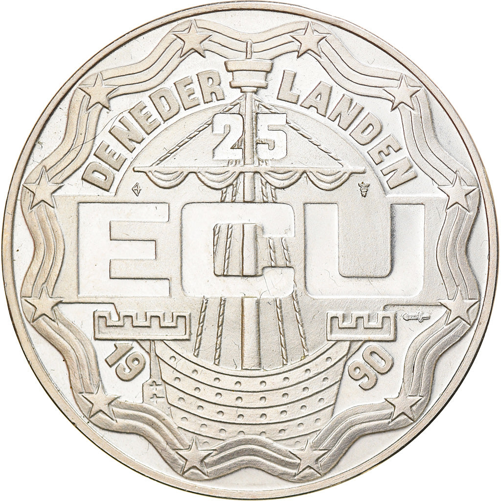 Moneda, Países Bajos, 25 Ecu, 1990, Beatrix Geert Groote,BE, FDC, Plata