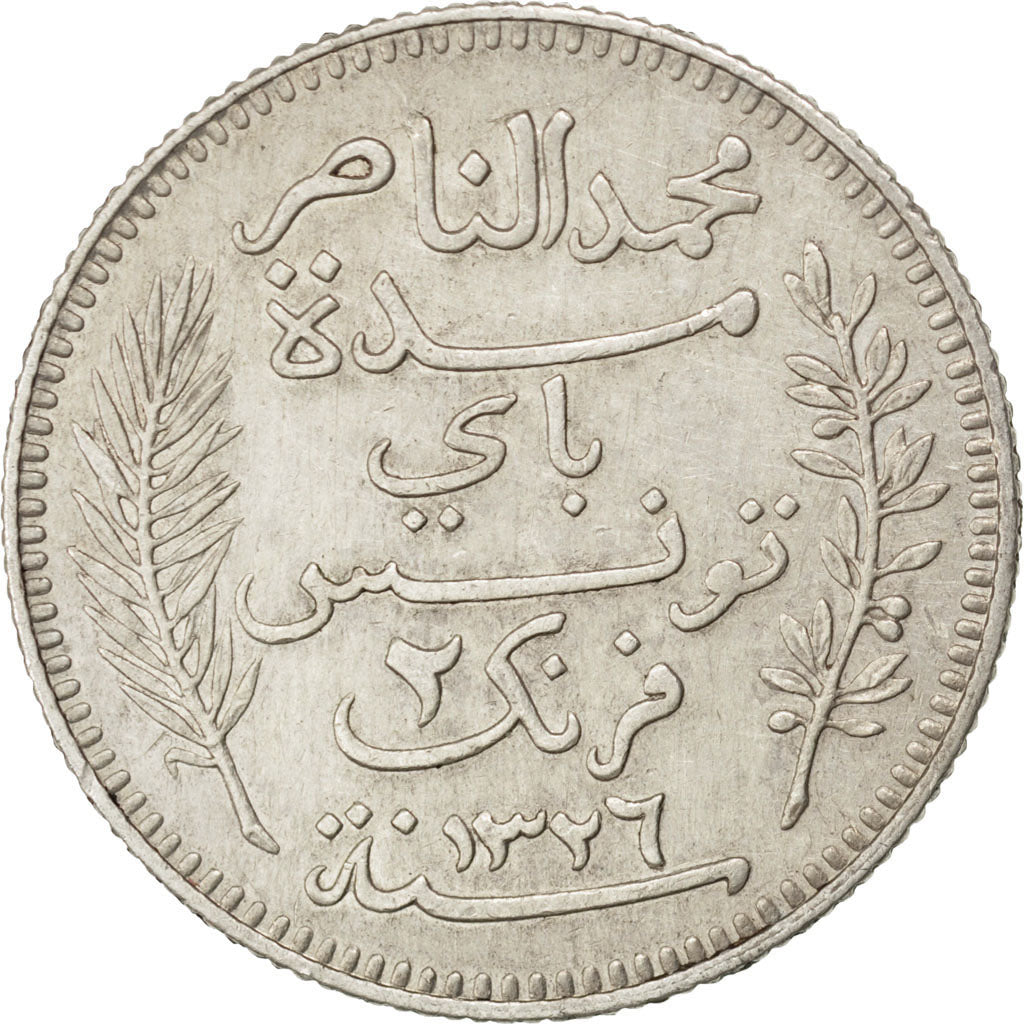 TUNISIA, 2 Francs, 1908, Paris, KM #239, EF(40-45), Silver, Lecompte #264, 9.96