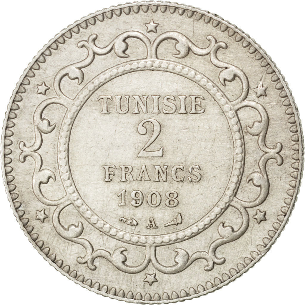 TUNISIA, 2 Francs, 1908, Paris, KM #239, EF(40-45), Silver, Lecompte #264, 9.96