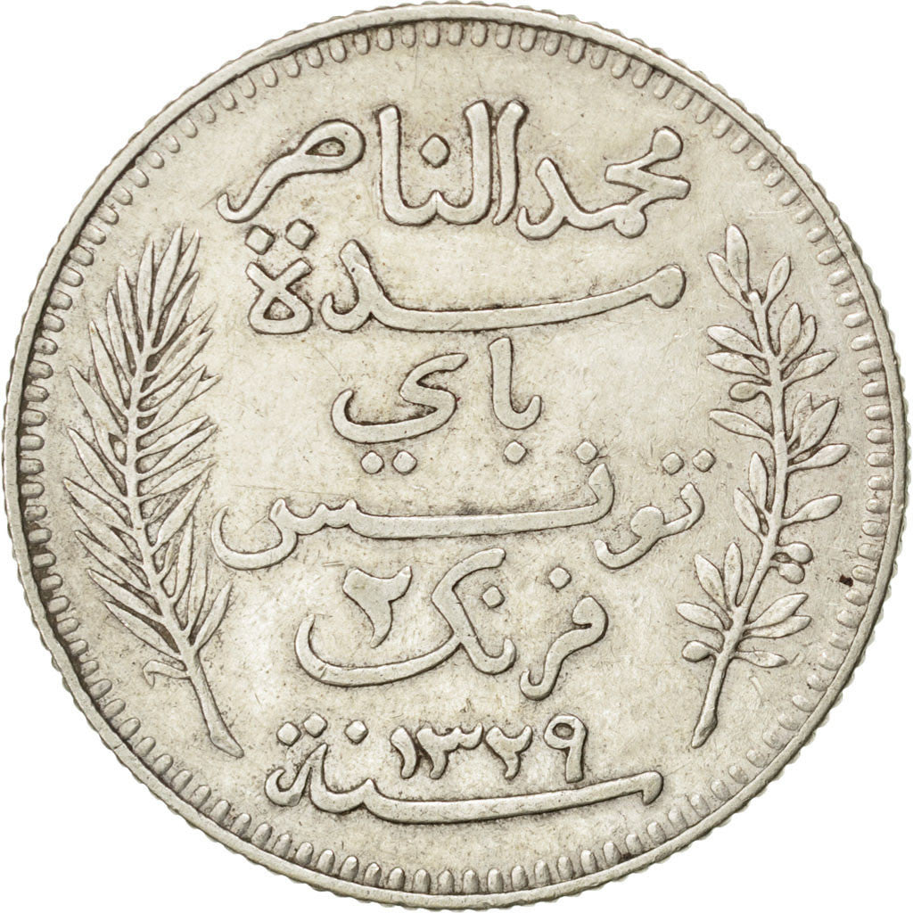 TUNISIA, 2 Francs, 1911, Paris, KM #239, EF(40-45), Silver, Lecompte #267, 9.88