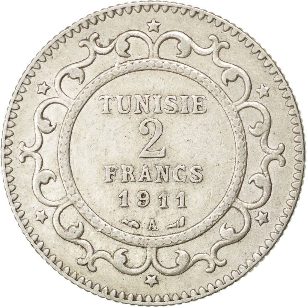 TUNISIA, 2 Francs, 1911, Paris, KM #239, EF(40-45), Silver, Lecompte #267, 9.88