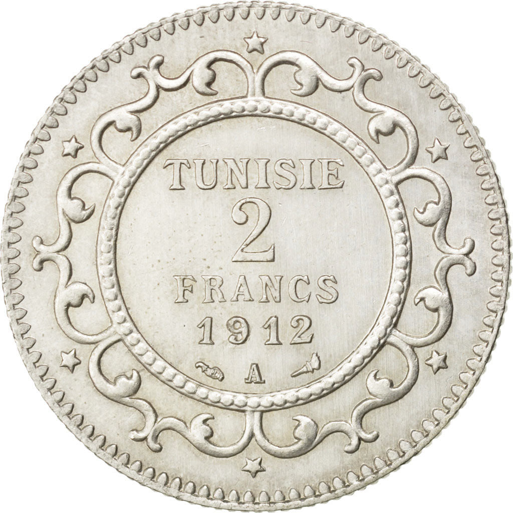 Coin, Tunisia, Muhammad al-Nasir Bey, 2 Francs, 1912, Paris, AU(50-53), Silver