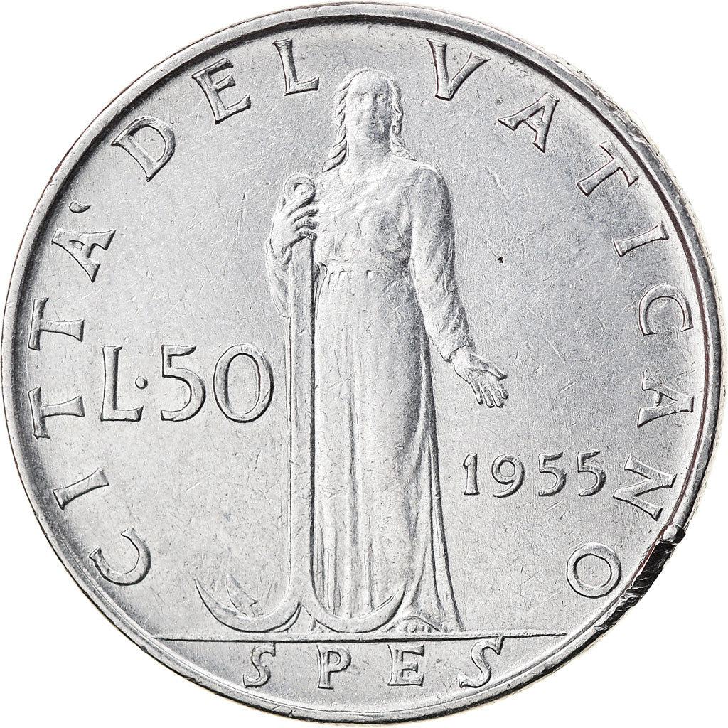 Coin, VATICAN CITY, Pius XII, 50 Lire, 1955, EF(40-45), Stainless Steel, KM:54.1