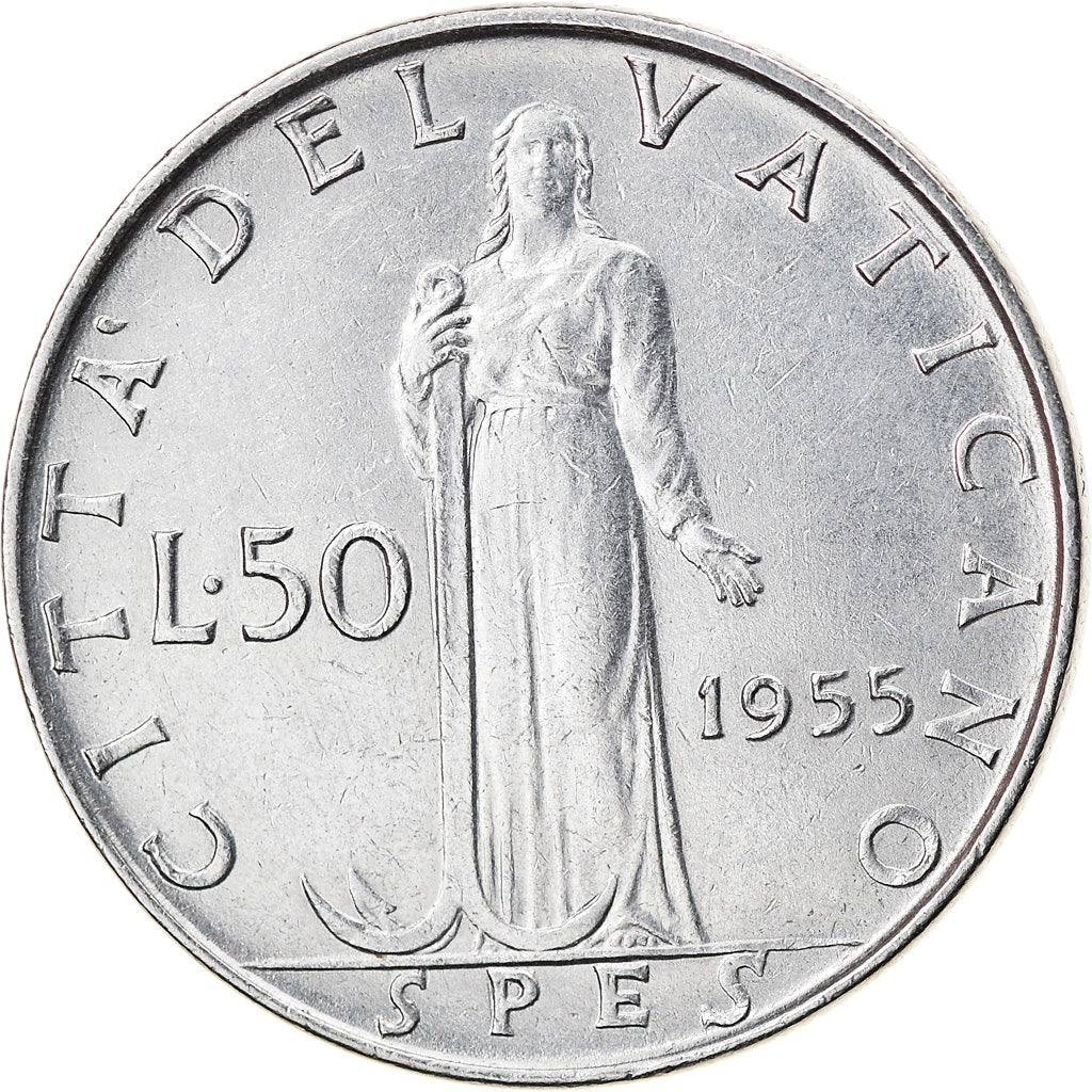 Moneta, CITTÀ DEL VATICANO, Pius XII, 50 Lire, 1955, BB, Acciaio inossidabile