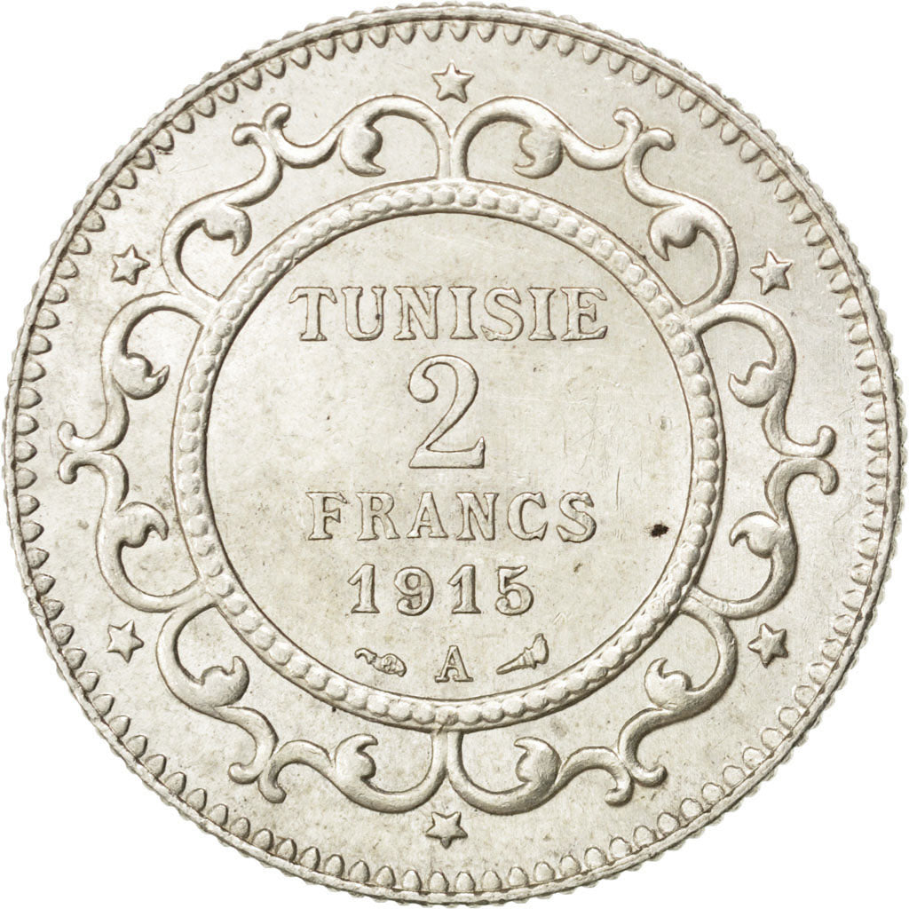 Coin, Tunisia, Muhammad al-Nasir Bey, 2 Francs, 1915, Paris, MS(60-62), Silver