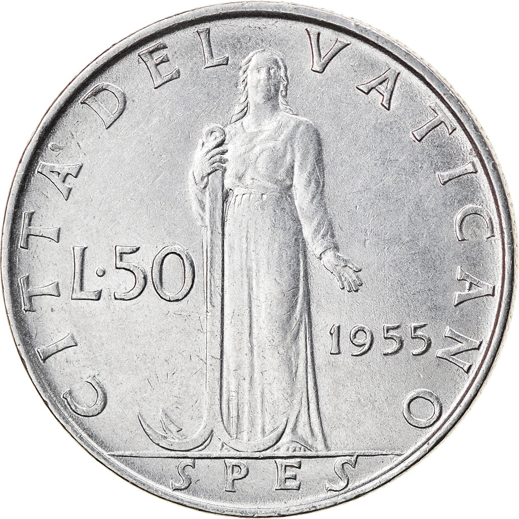Moneda, CIUDAD DEL VATICANO, Pius XII, 50 Lire, 1955, BC+, Acero inoxidable