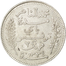 Munten, Tunisië, Muhammad al-Nasir Bey, 2 Francs, 1915, Paris, ZF+, Zilver
