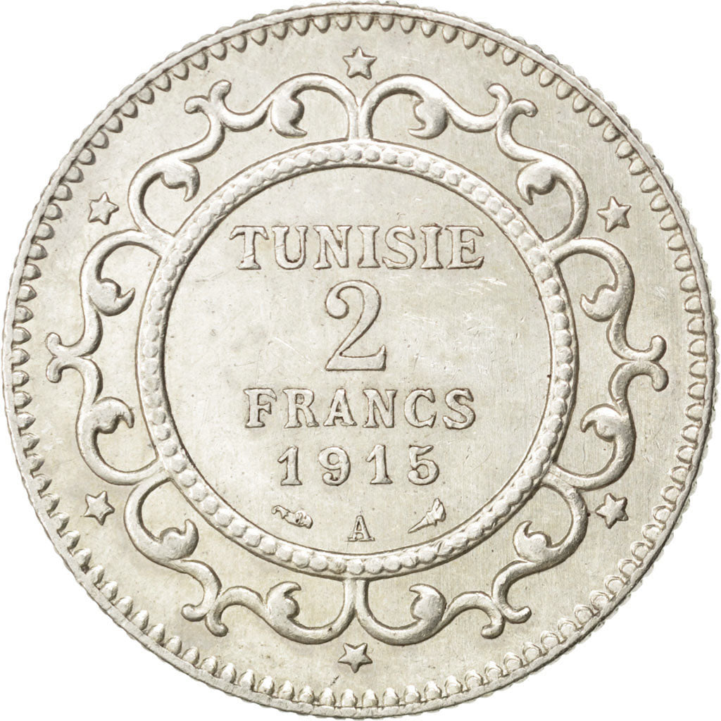 Coin, Tunisia, Muhammad al-Nasir Bey, 2 Francs, 1915, Paris, AU(50-53), Silver