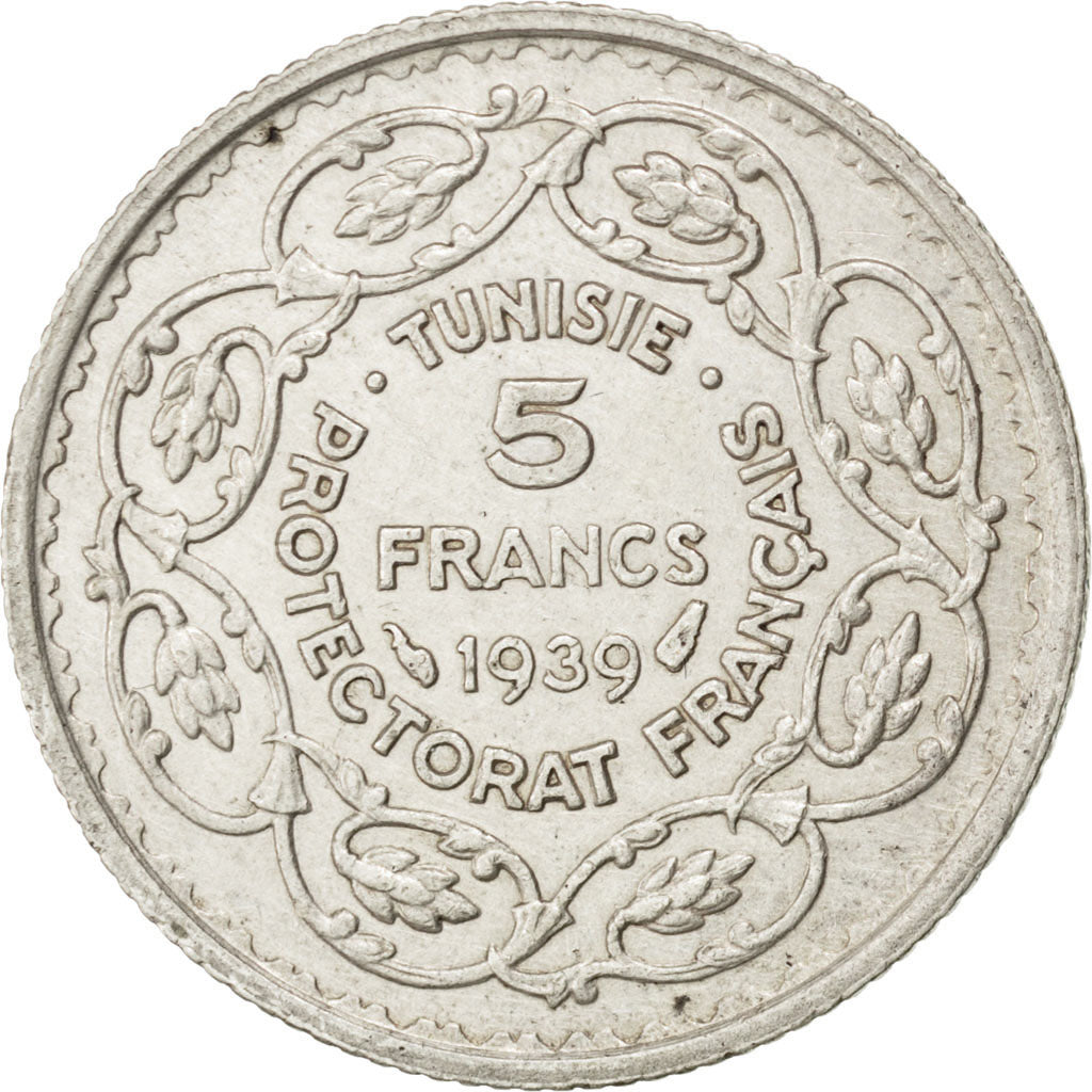 TUNISIA, 5 Francs, 1939, Paris, KM #264, EF(40-45), Silver, 24, Lecompte #309,..