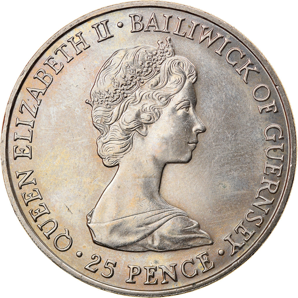 Coin, Guernsey, Elizabeth II, 25 Pence, 1981, Heaton, AU(50-53), Copper-nickel