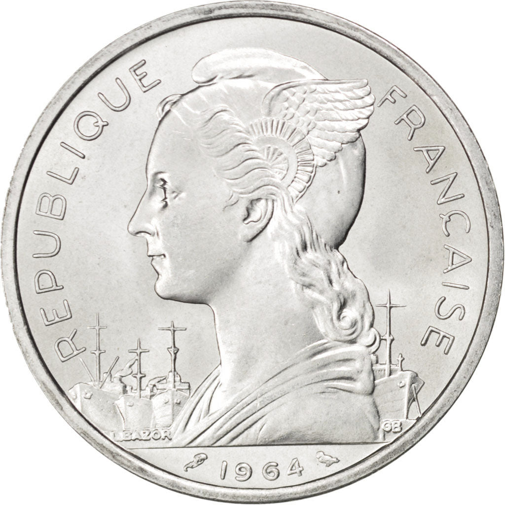COMOROS, 5 Francs, 1964, Paris, KM #6, MS(63), Aluminum, 31.1, Lecompte #37,...