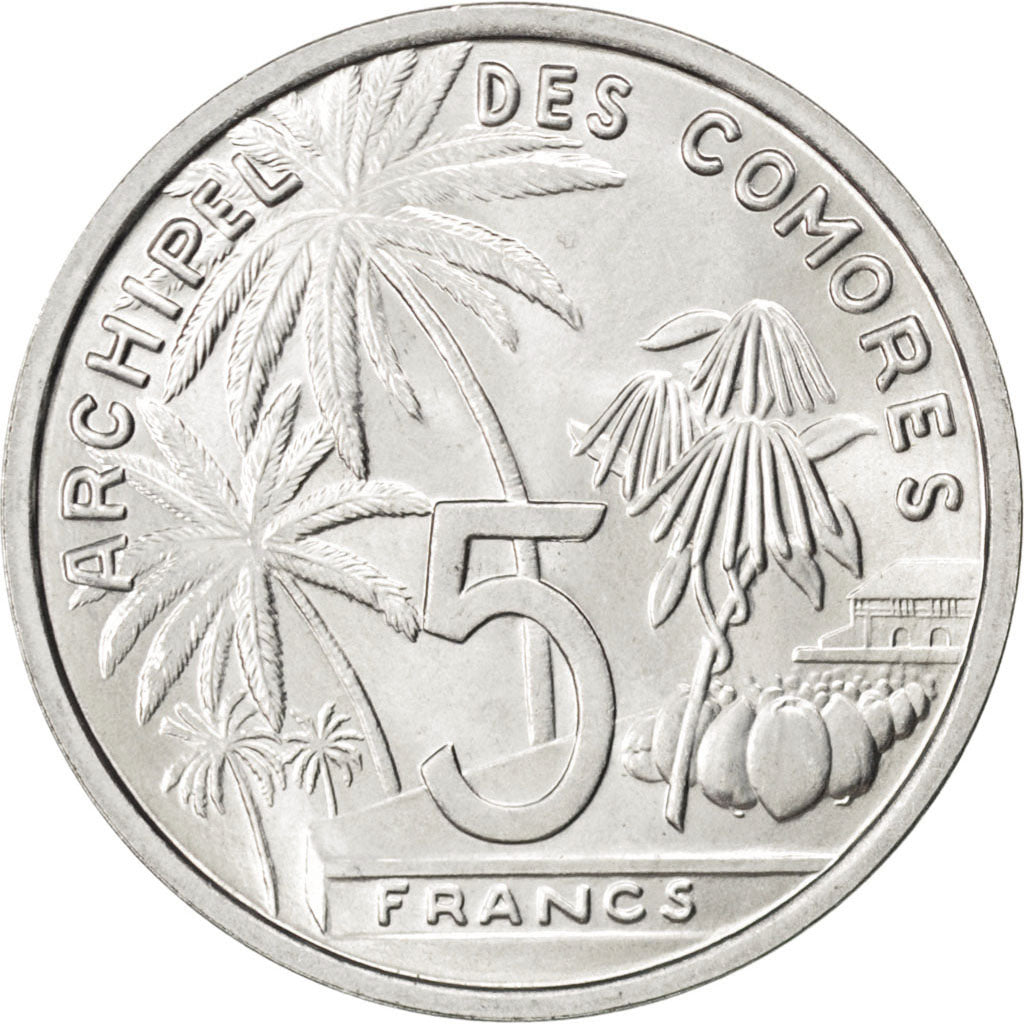 COMOROS, 5 Francs, 1964, Paris, KM #6, MS(63), Aluminum, 31.1, Lecompte #37,...