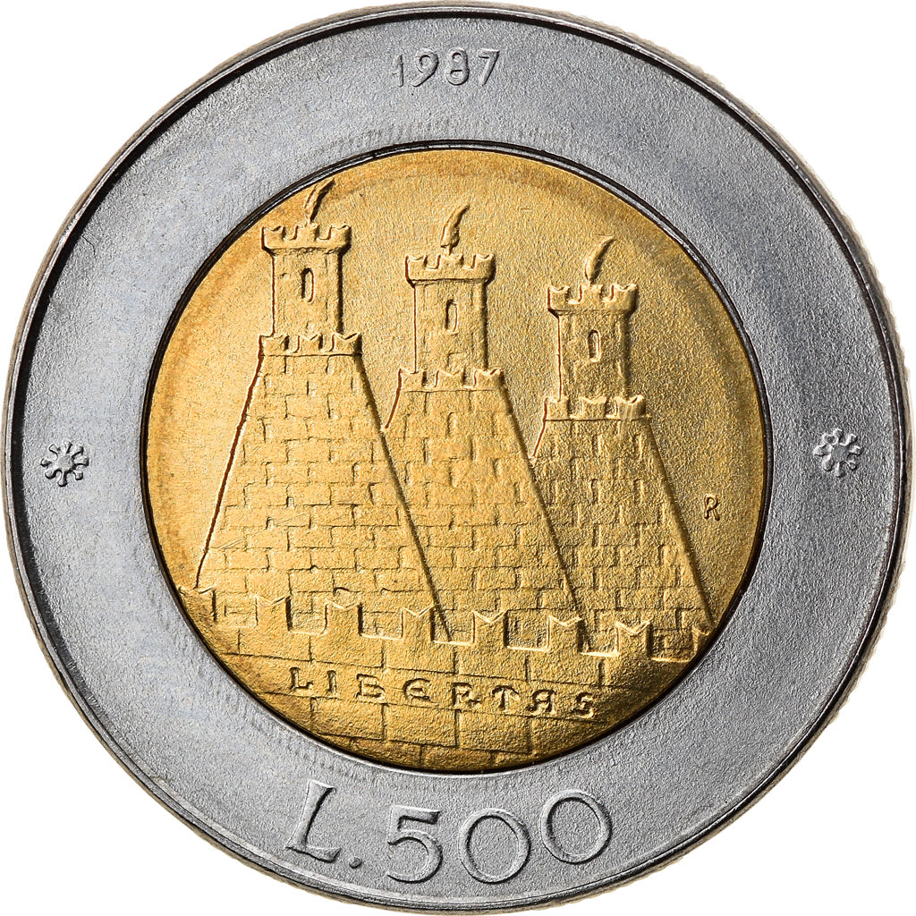 Moeda, San Marino, 500 Lire, 1987, Rome, AU(55-58), Bimetálico, KM:209