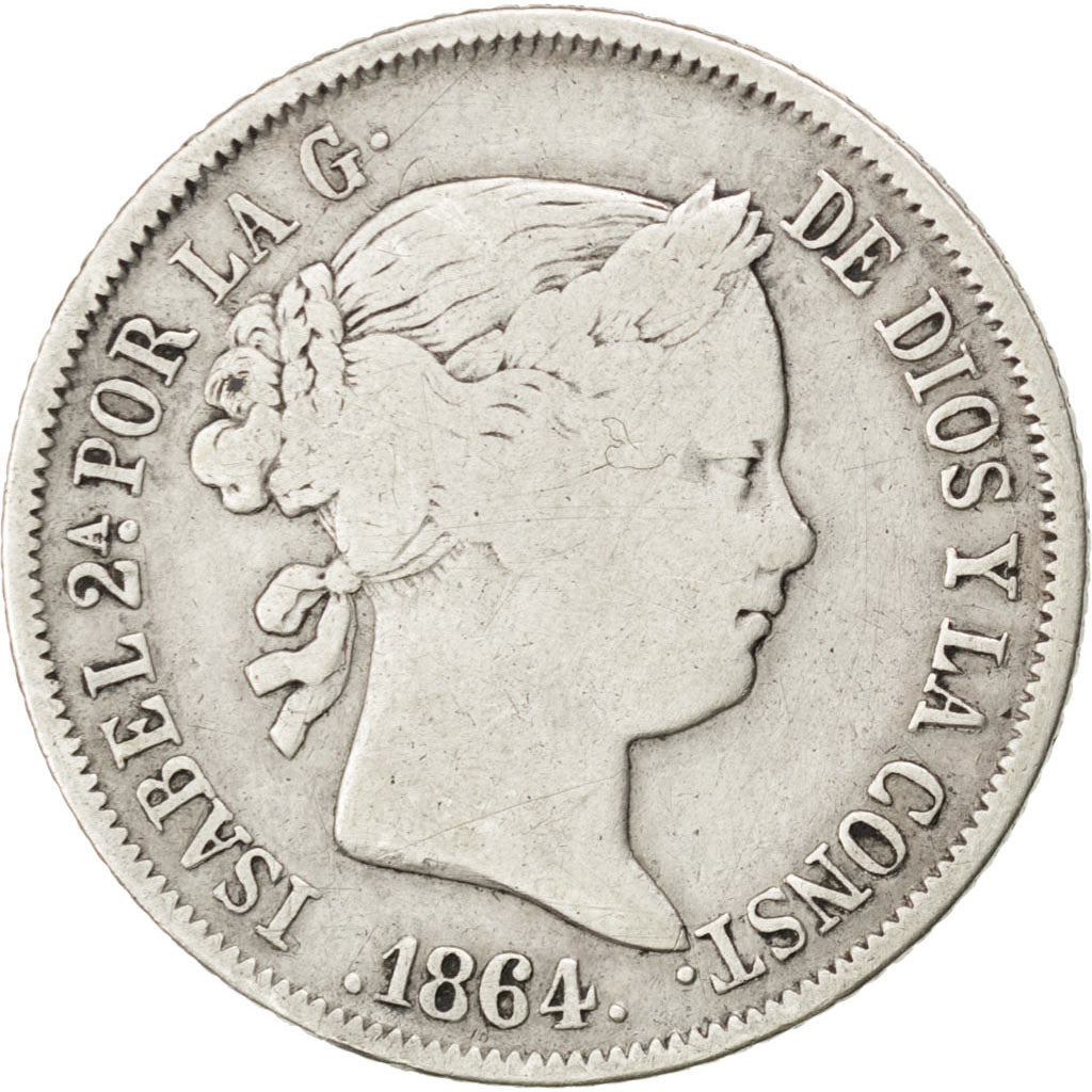 Spagna, Isabel II, 40 Centimos, 1864, MB, Argento, KM:628.2