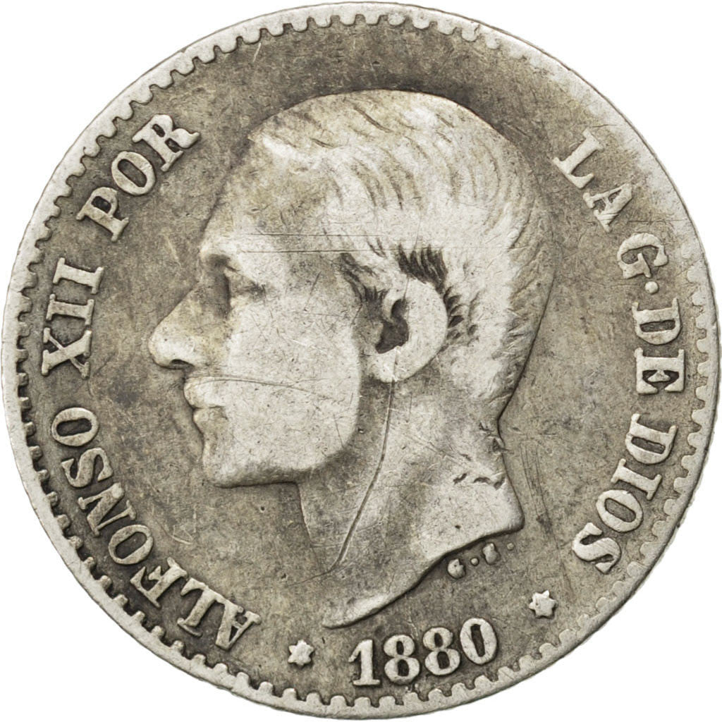 SPAIN, 50 Centimos, 1880, KM #685, VF(20-25), Silver, 2.41