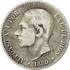 SPAIN, 50 Centimos, 1880, KM #685, VF(20-25), Silver, 2.41