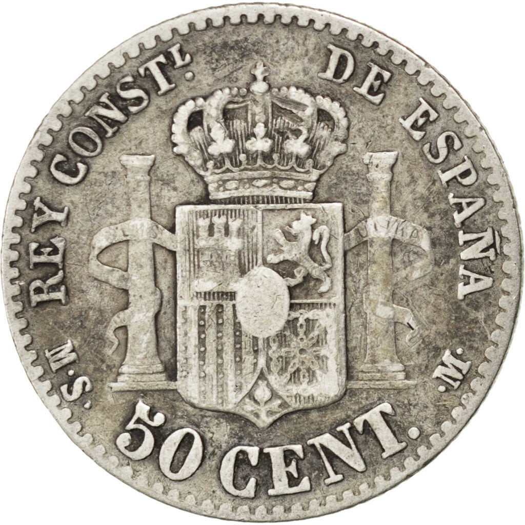 SPAIN, 50 Centimos, 1880, KM #685, VF(20-25), Silver, 2.41