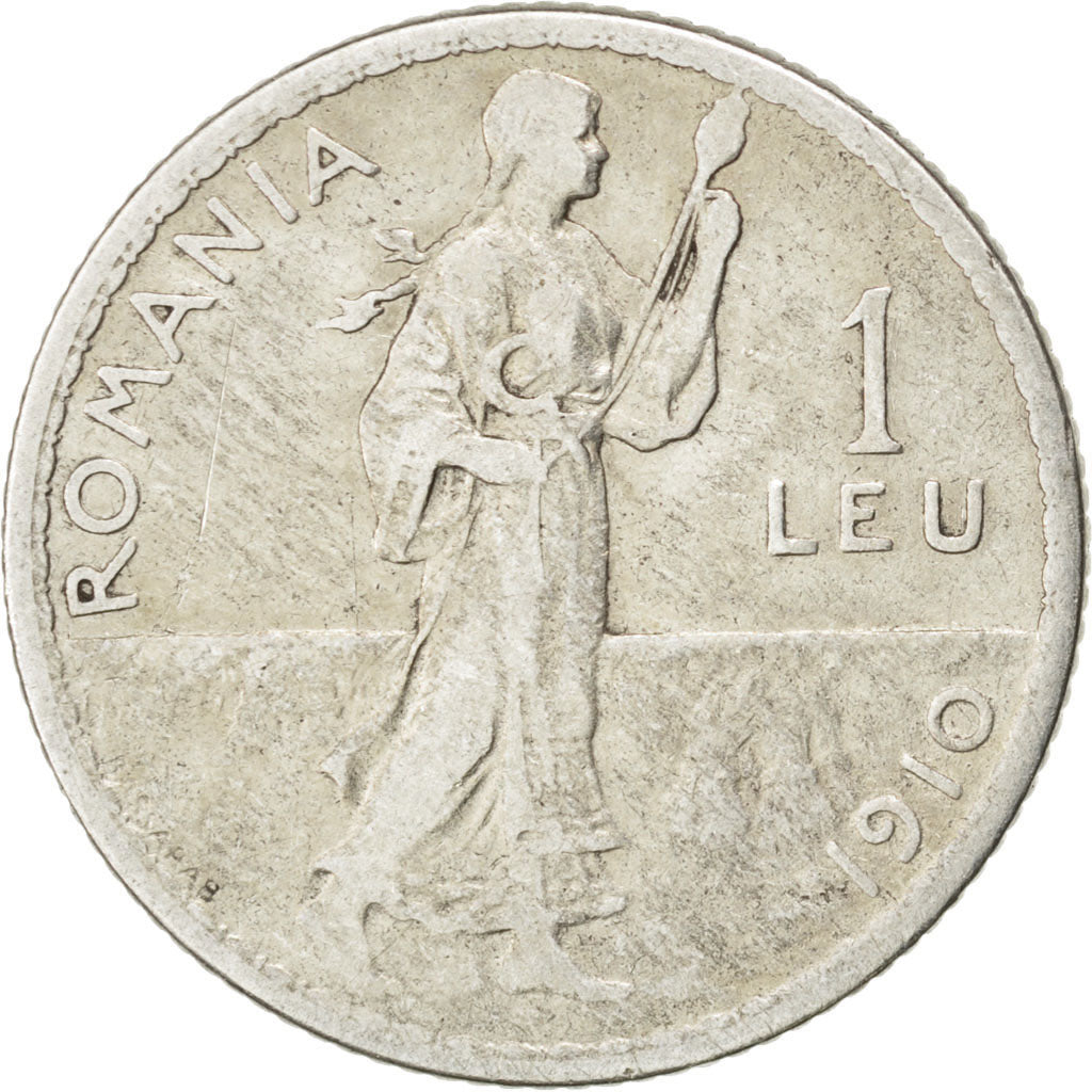ROMANIA, Leu, 1910, KM #42, VF(20-25), Silver, 23, 4.91