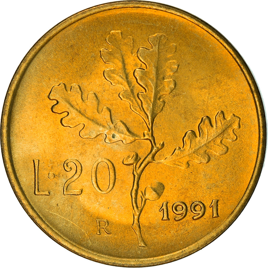 Coin, Italy, 20 Lire, 1991, Rome, MS(64), Aluminum-Bronze, KM:97.2