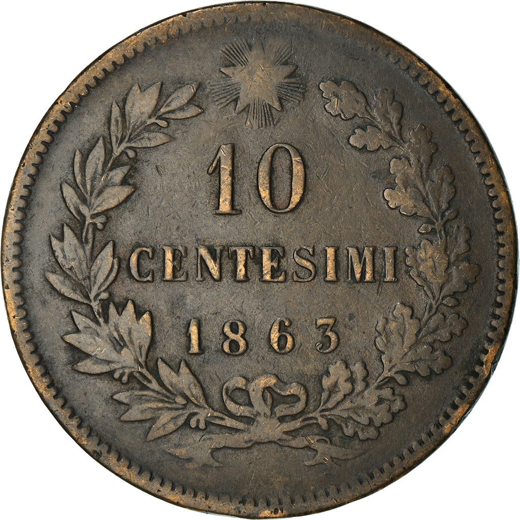 Moneda, Italia, Vittorio Emanuele II, 10 Centesimi, 1863, Milan, BC+, Cobre