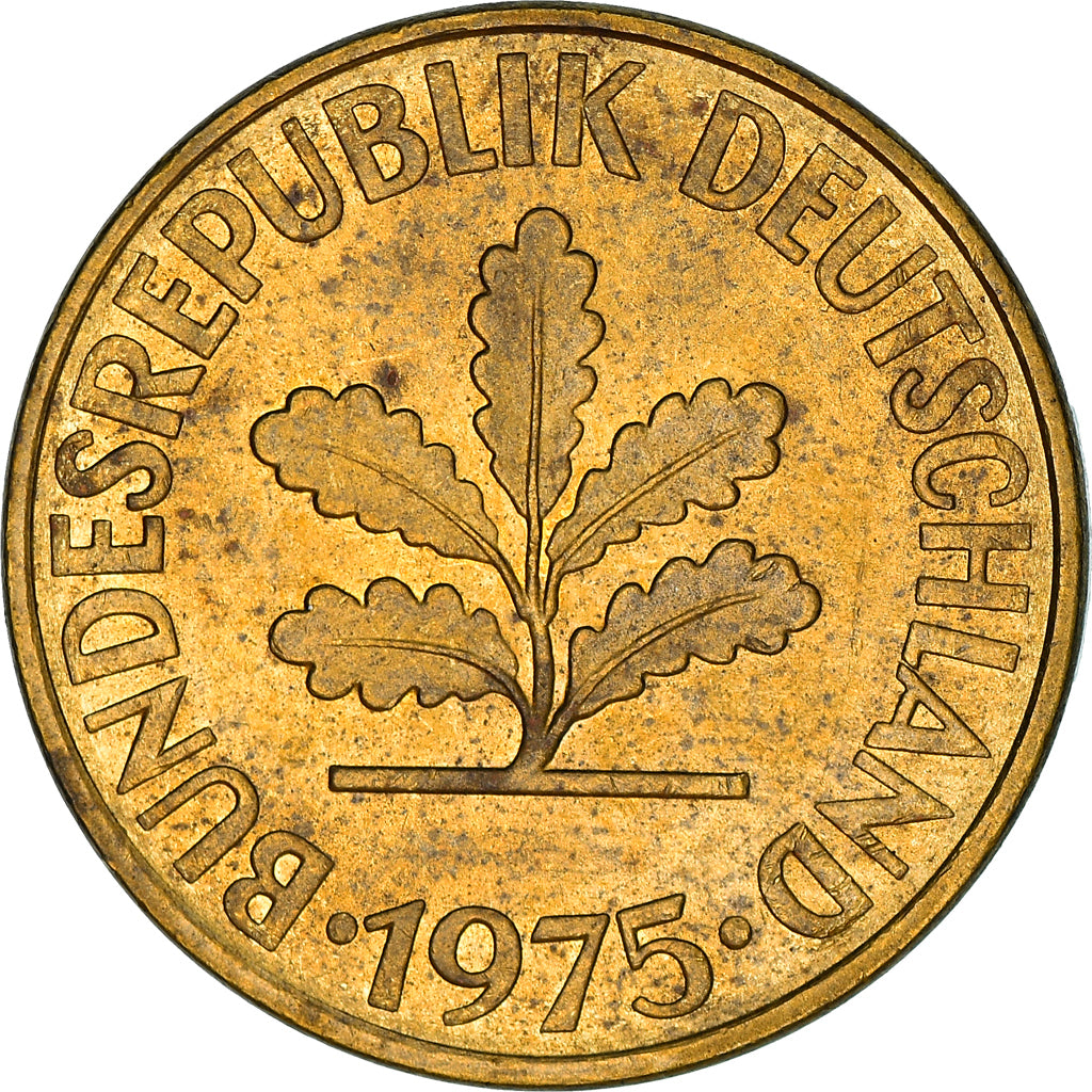 Coin, GERMANY - FEDERAL REPUBLIC, 10 Pfennig, 1975, Stuttgart, EF(40-45), Brass