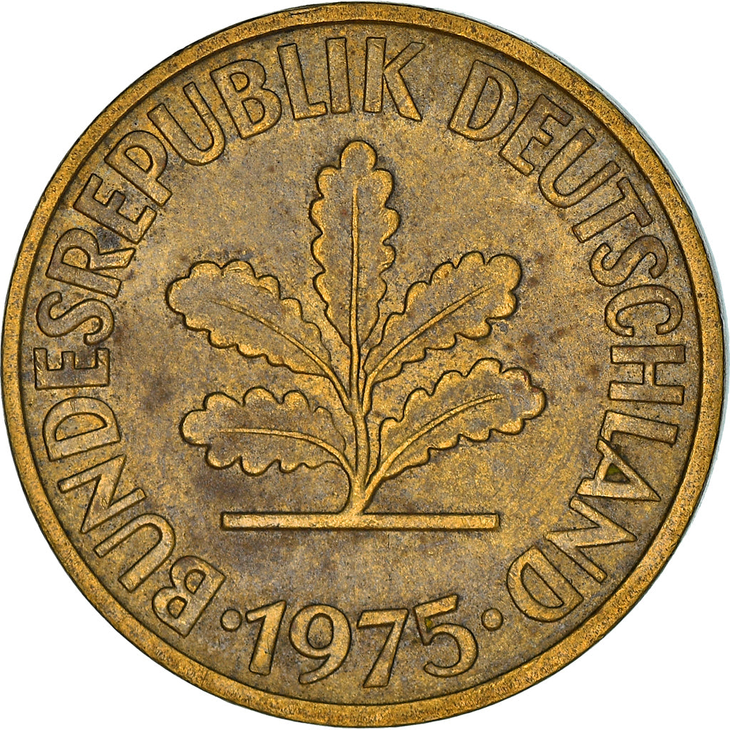 Coin, GERMANY - FEDERAL REPUBLIC, 10 Pfennig, 1975, Stuttgart, EF(40-45), Brass
