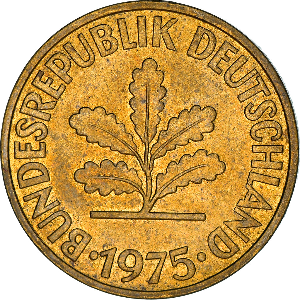 Coin, GERMANY - FEDERAL REPUBLIC, 10 Pfennig, 1975, Munich, EF(40-45), Brass