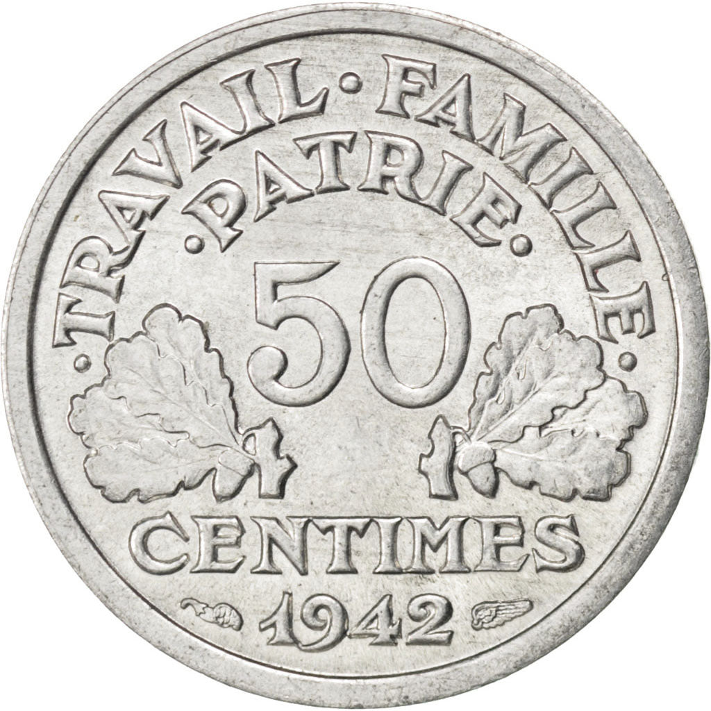 FRANCE, Bazor, 50 Centimes, 1942, Paris, KM #914.1, MS(60-62), Aluminum, 18,...