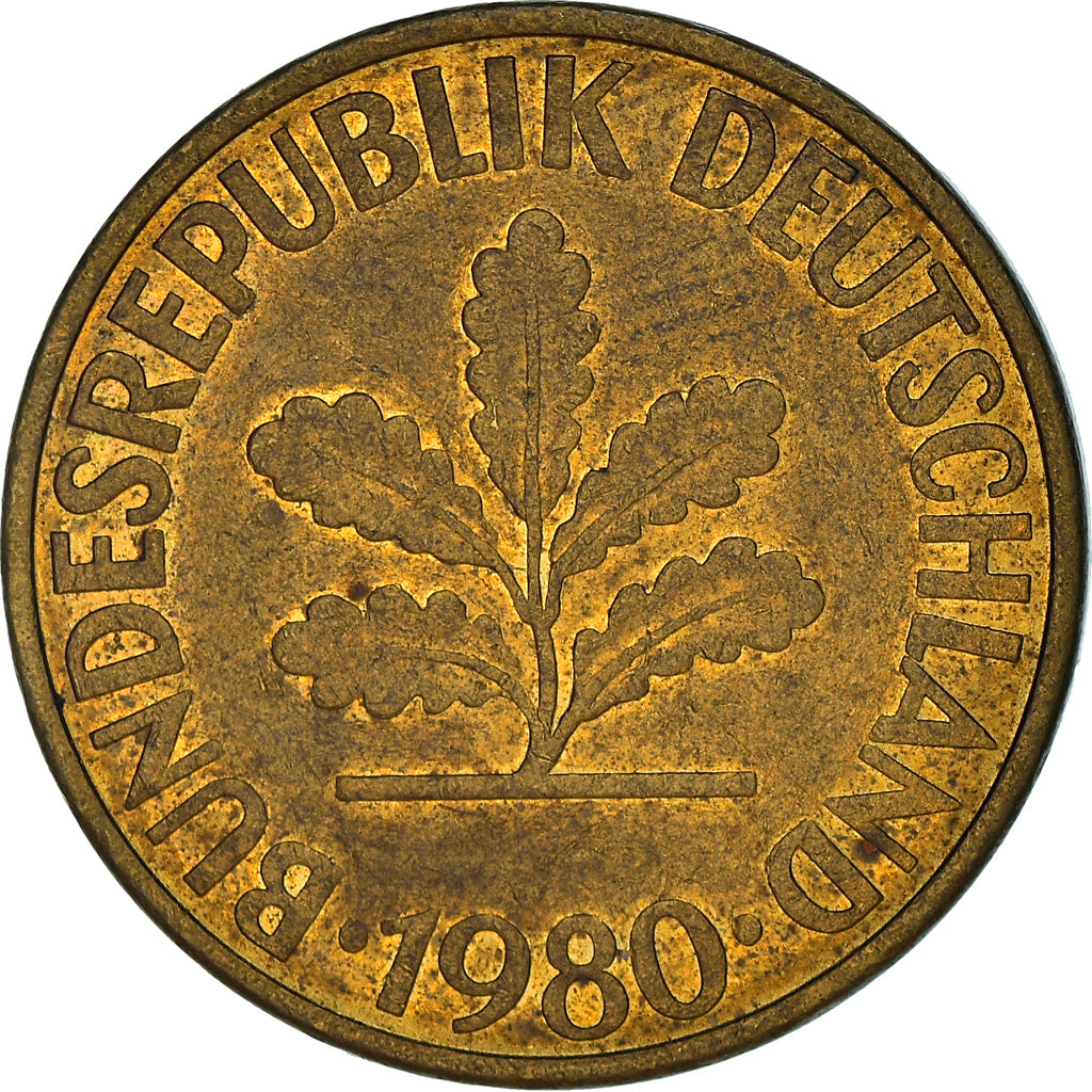 Coin, GERMANY - FEDERAL REPUBLIC, 10 Pfennig, 1980, Munich, VF(30-35), Brass