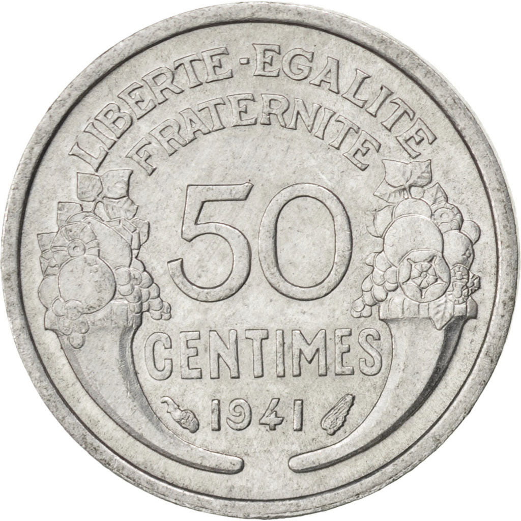 FRANCE, Morlon, 50 Centimes, 1941, Paris, KM #894.1a, AU(55-58), Aluminum, 18,..