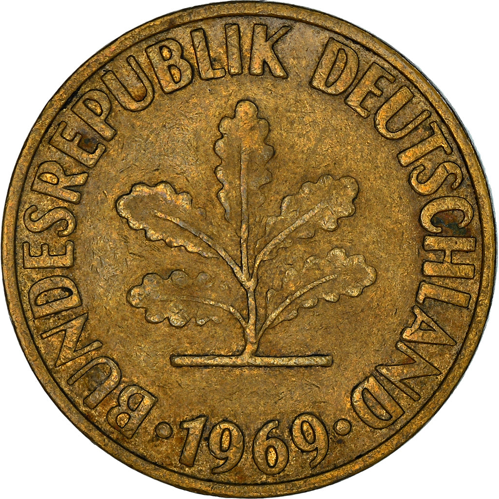 Coin, GERMANY - FEDERAL REPUBLIC, 10 Pfennig, 1969, Karlsruhe, VF(30-35), Brass