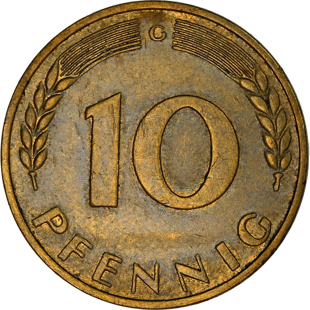 Coin, GERMANY - FEDERAL REPUBLIC, 10 Pfennig, 1970, Karlsruhe, EF(40-45), Brass