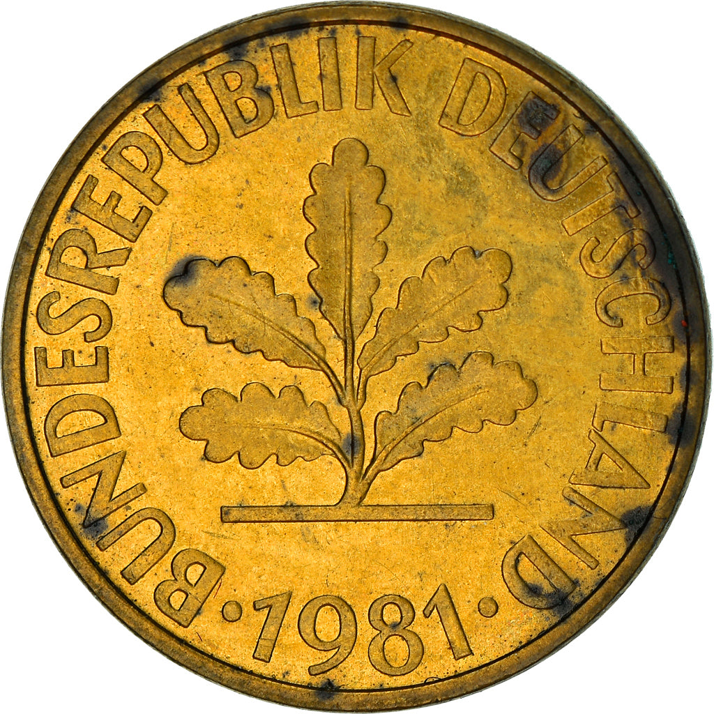 Münze, Bundesrepublik Deutschland, 10 Pfennig, 1981, Karlsruhe, S+, Brass Clad