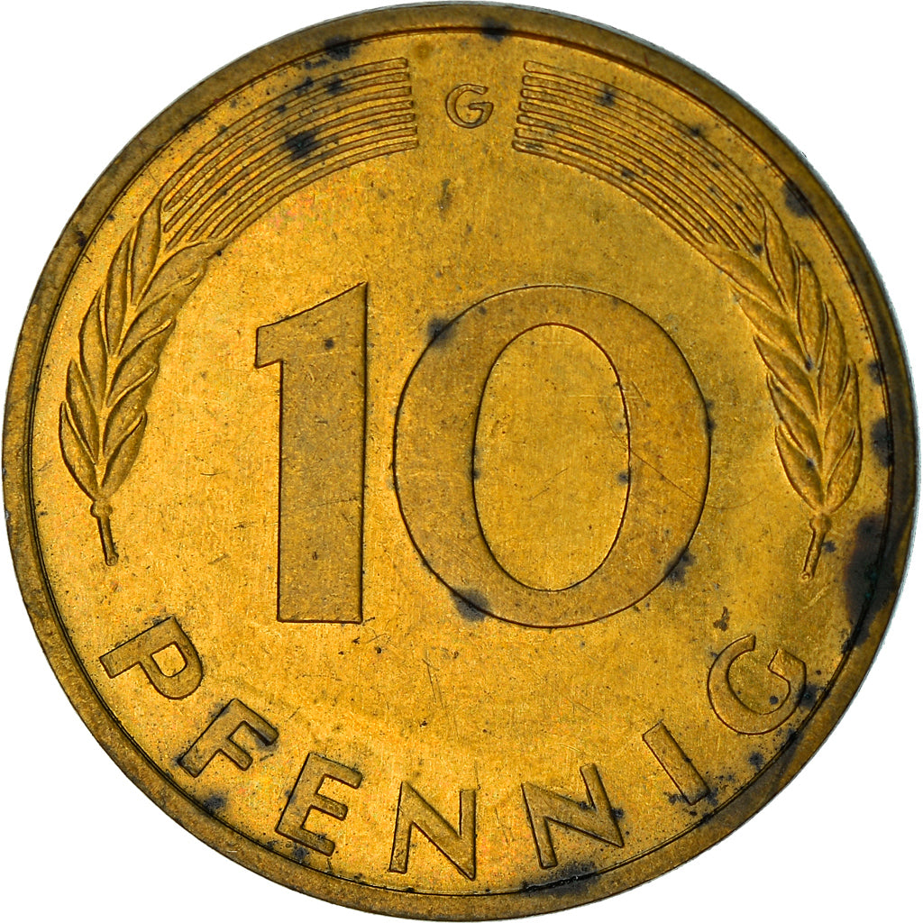 Münze, Bundesrepublik Deutschland, 10 Pfennig, 1981, Karlsruhe, S+, Brass Clad
