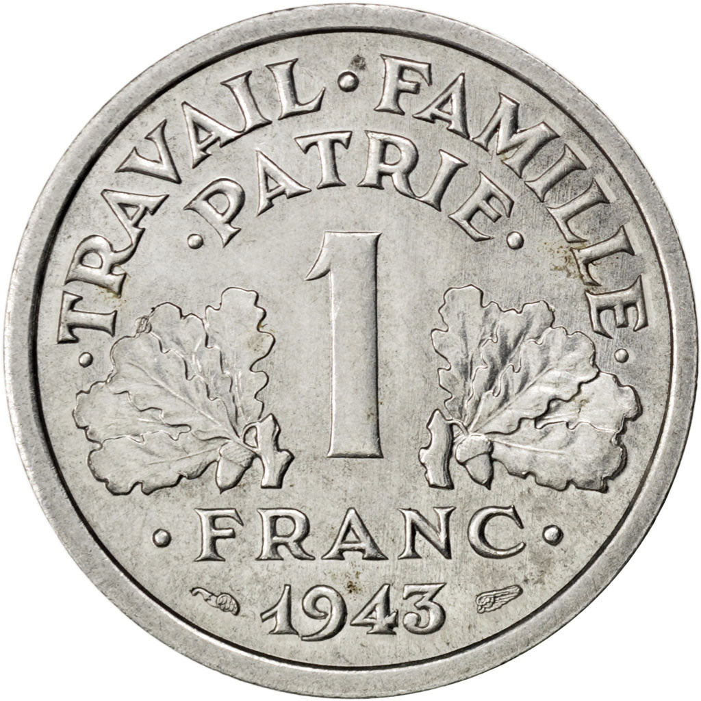 Coin, France, Bazor, Franc, 1943, MS(60-62), Aluminum, KM:902.1, Gadoury:471