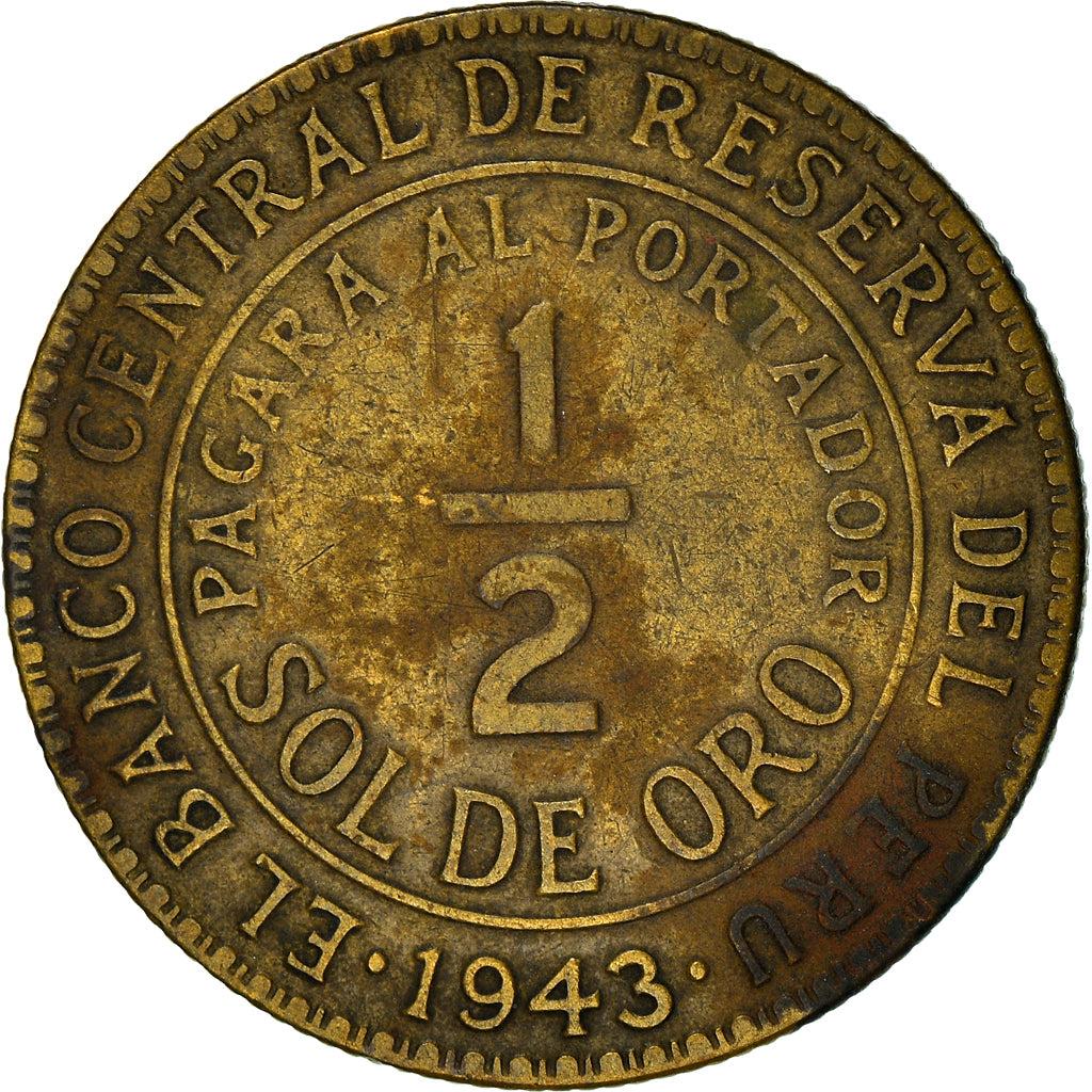 Munten, Peru, 1/2 Sol, 1943, Lima, FR, Tin, KM:220.4
