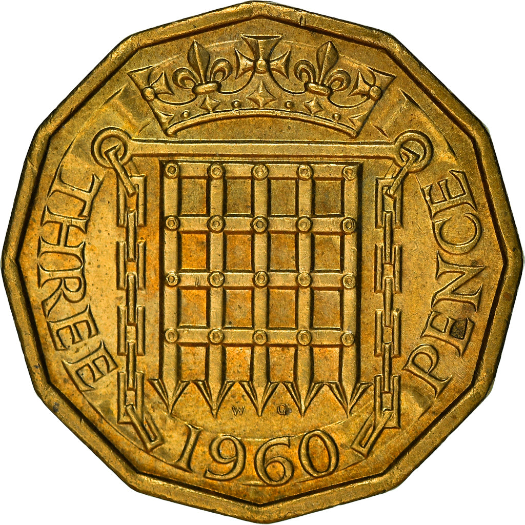 Coin, Great Britain, Elizabeth II, 3 Pence, 1960, AU(50-53), Nickel-brass