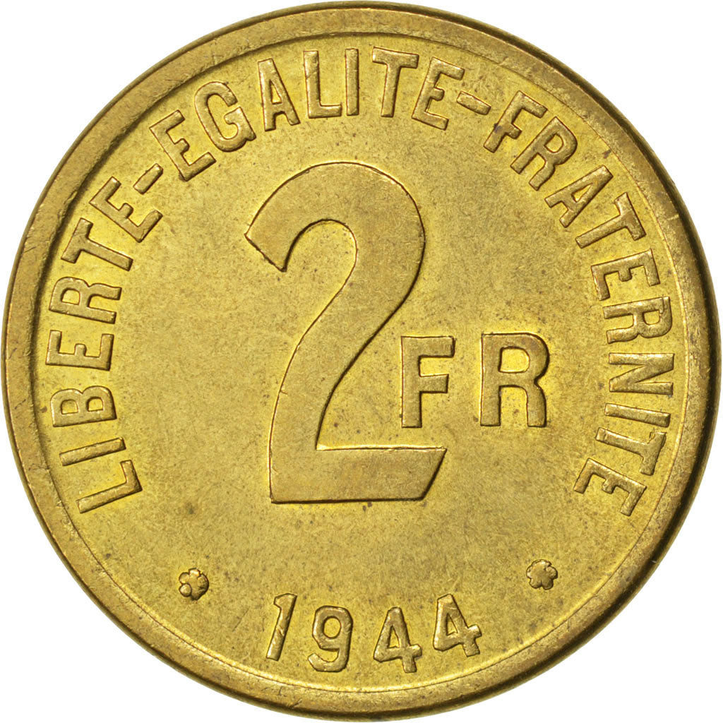 FRANCE, France Libre, 2 Francs, 1944, Philadelphia, KM #905, MS(60-62), Brass,..