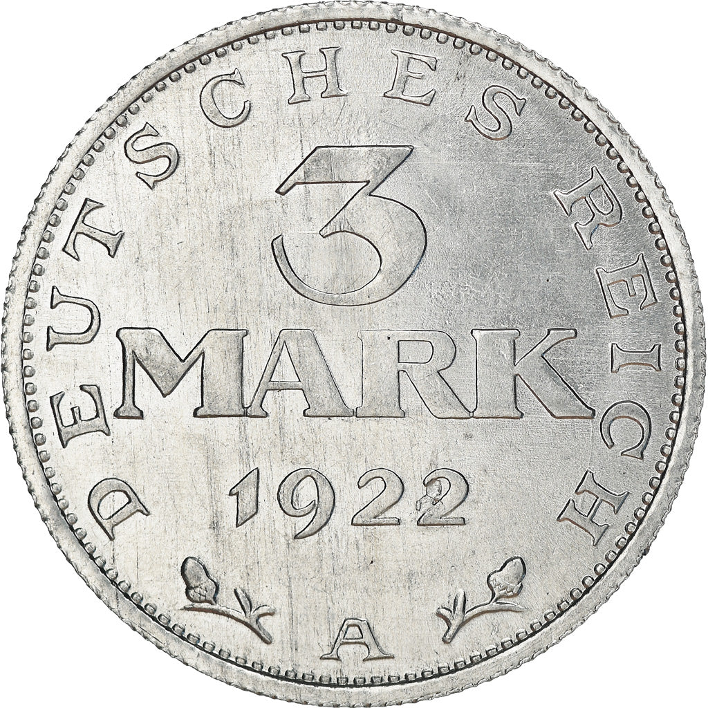 Coin, GERMANY, WEIMAR REPUBLIC, 3 Mark, 1922, Berlin, AU(55-58), Aluminum, KM:28
