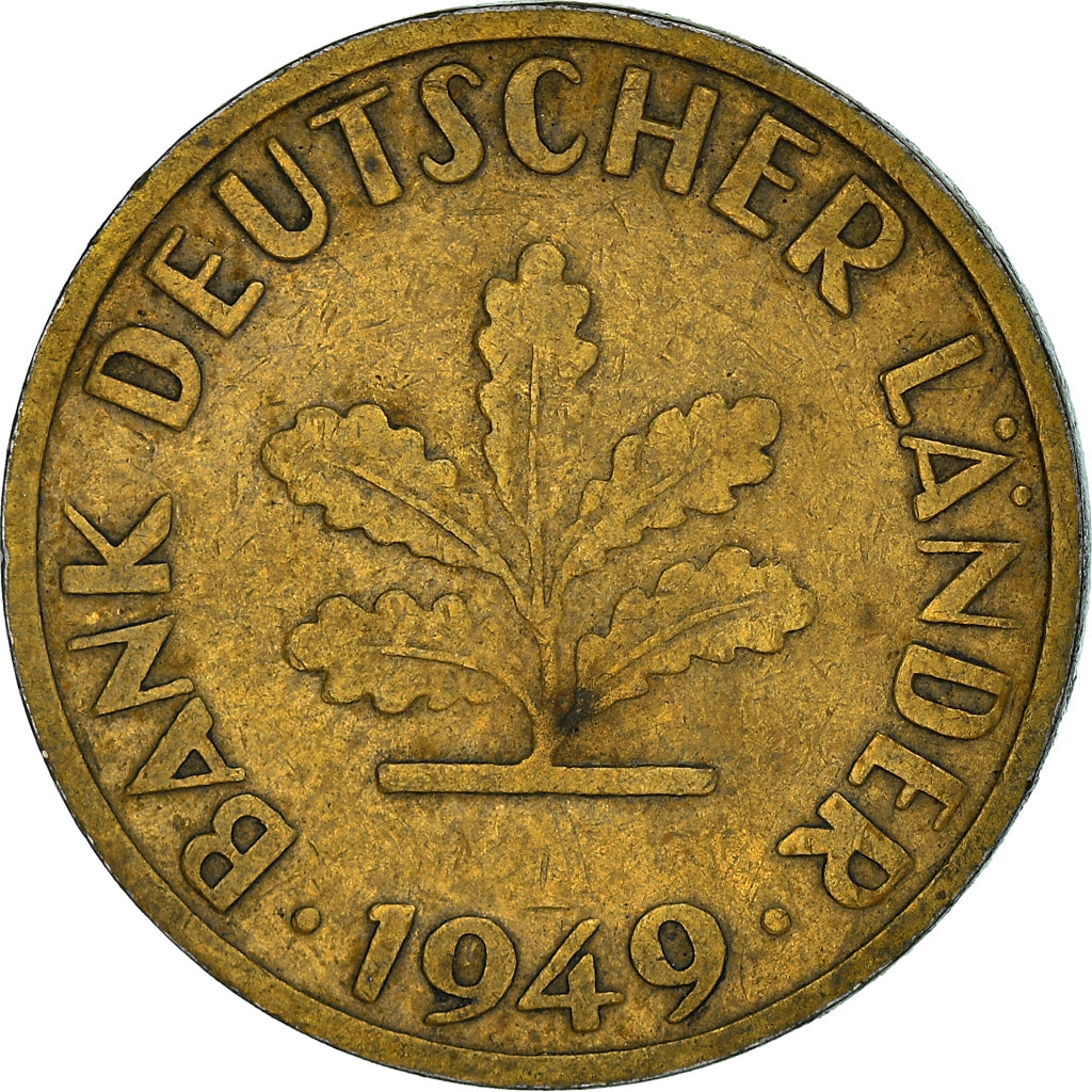 Coin, GERMANY - FEDERAL REPUBLIC, 10 Pfennig, 1949, Stuttgart, VF(20-25), Brass