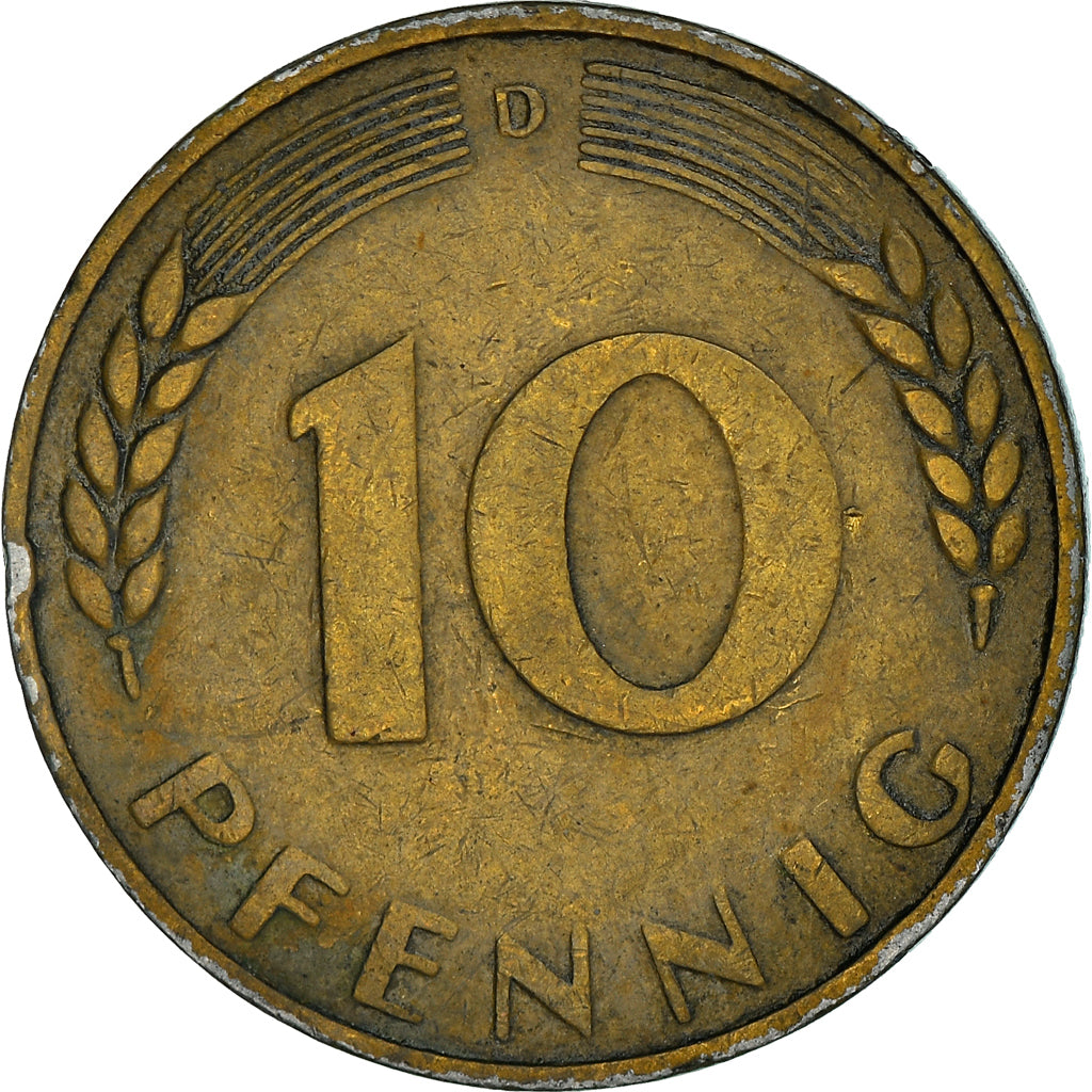 Coin, GERMANY - FEDERAL REPUBLIC, 10 Pfennig, 1949, Munich, VF(30-35), Brass