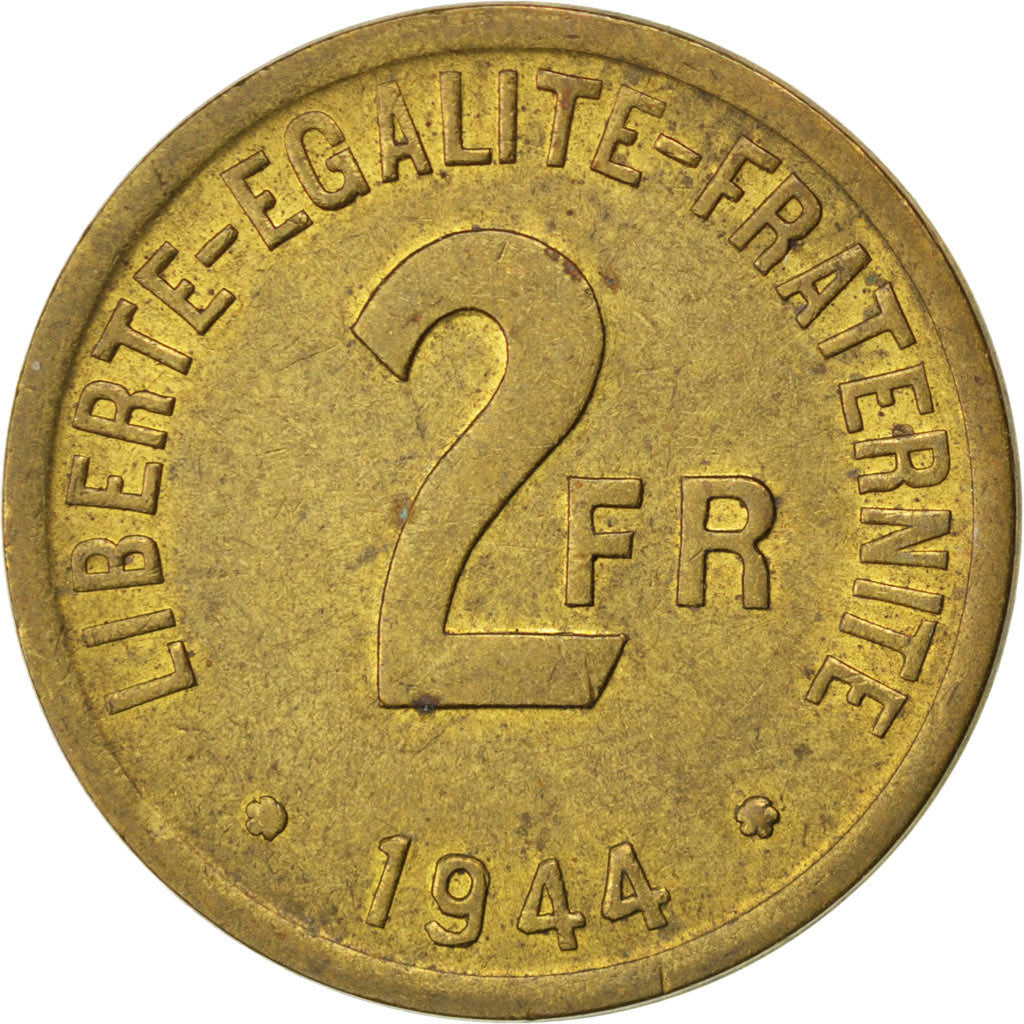 Moneda, Francia, France Libre, 2 Francs, 1944, MBC, Latón, KM:905, Gadoury:537