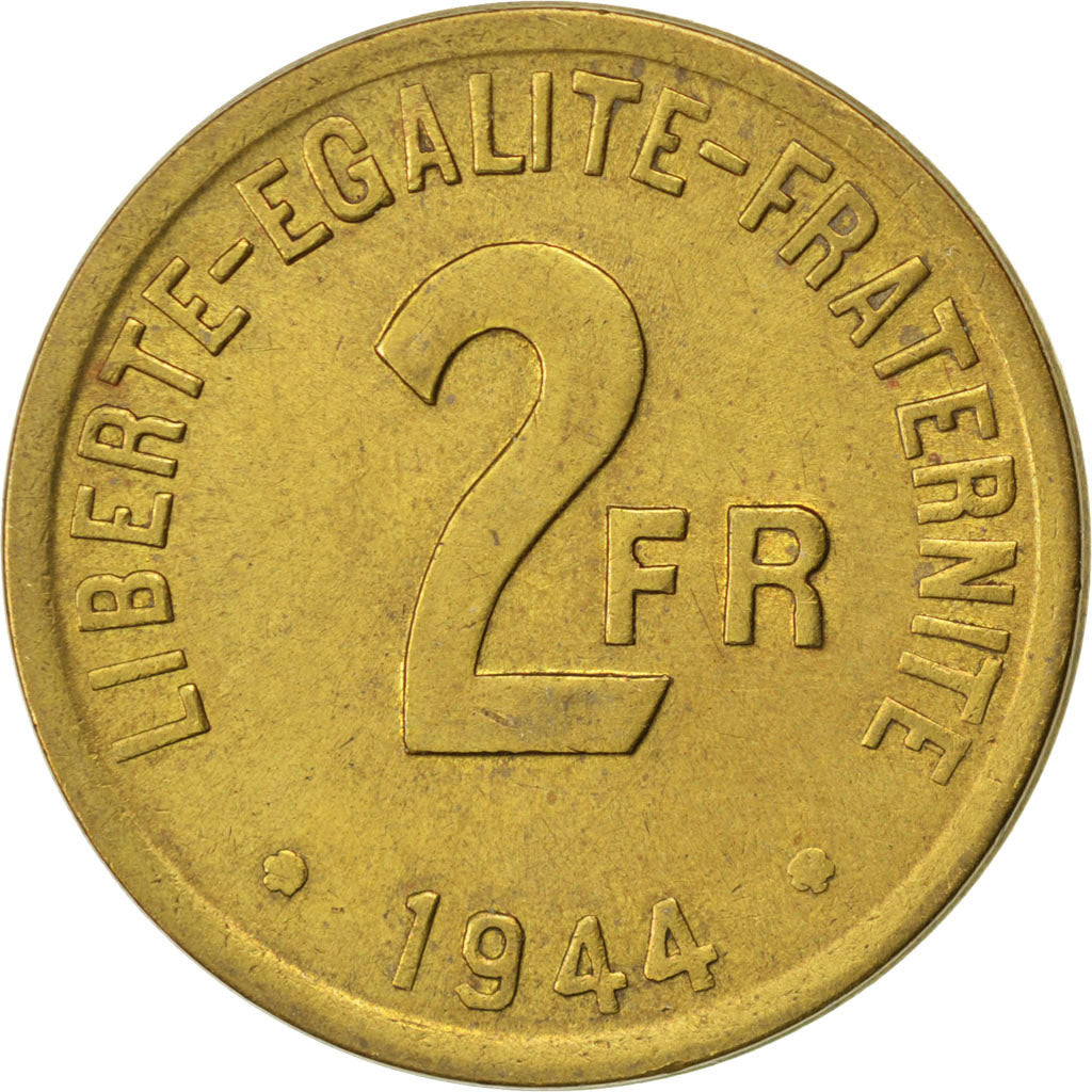 FRANCE, France Libre, 2 Francs, 1944, Philadelphia, KM #905, EF(40-45), Brass,..